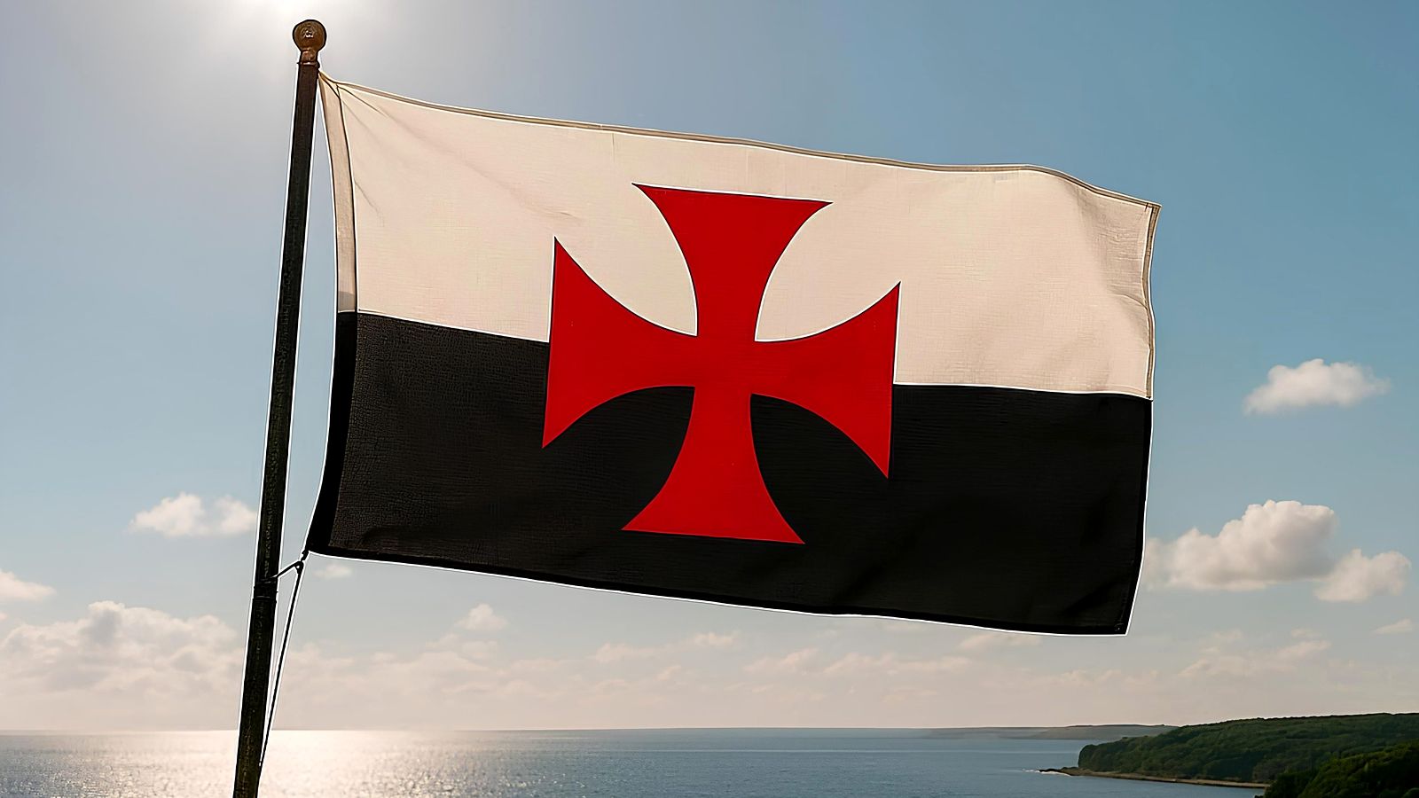 Bandiera templare bianca e nera con croce rossa che sventola sopra il mare