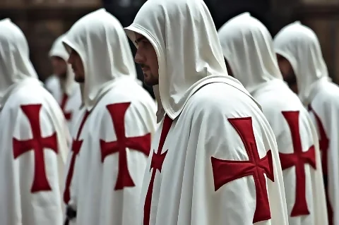 Cavalieri in mantello bianco durante una processione