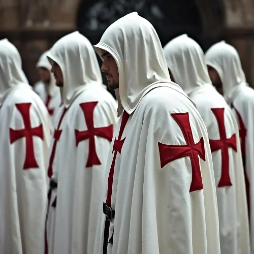Cavalieri in mantello bianco con croce rossa durante una celebrazione
