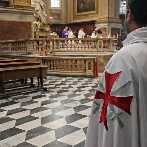 Cavaliere in mantello bianco durante una celebrazione in basilica