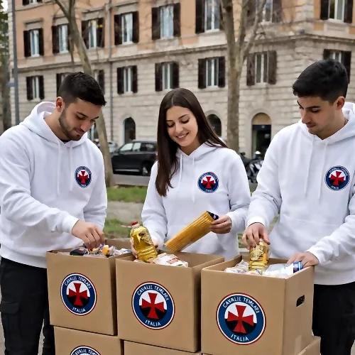 Volontari preparano pacchi alimentari per le famiglie in difficoltà