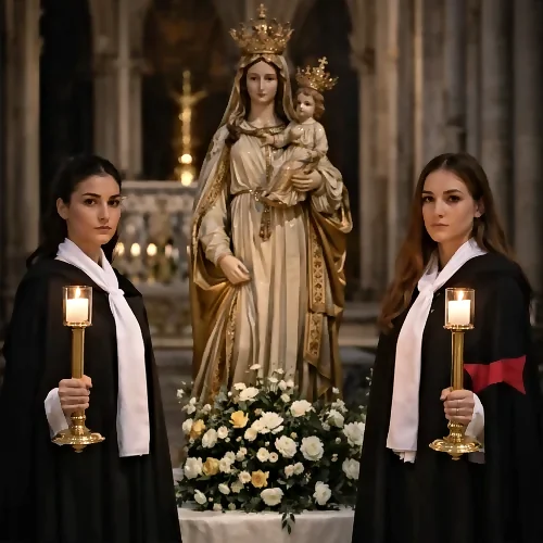 Veglia mariana con ceri accesi davanti alla statua della Madonna